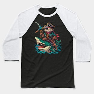 Cat Riding Shark Marine Thrill Ride Baseball T-Shirt